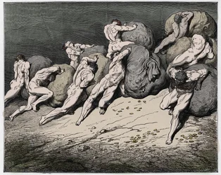 Inferno, Canto 7: The souls of the avaricious and the prodigal forced to roll heavy stones (illustration from The Divine Comedy)